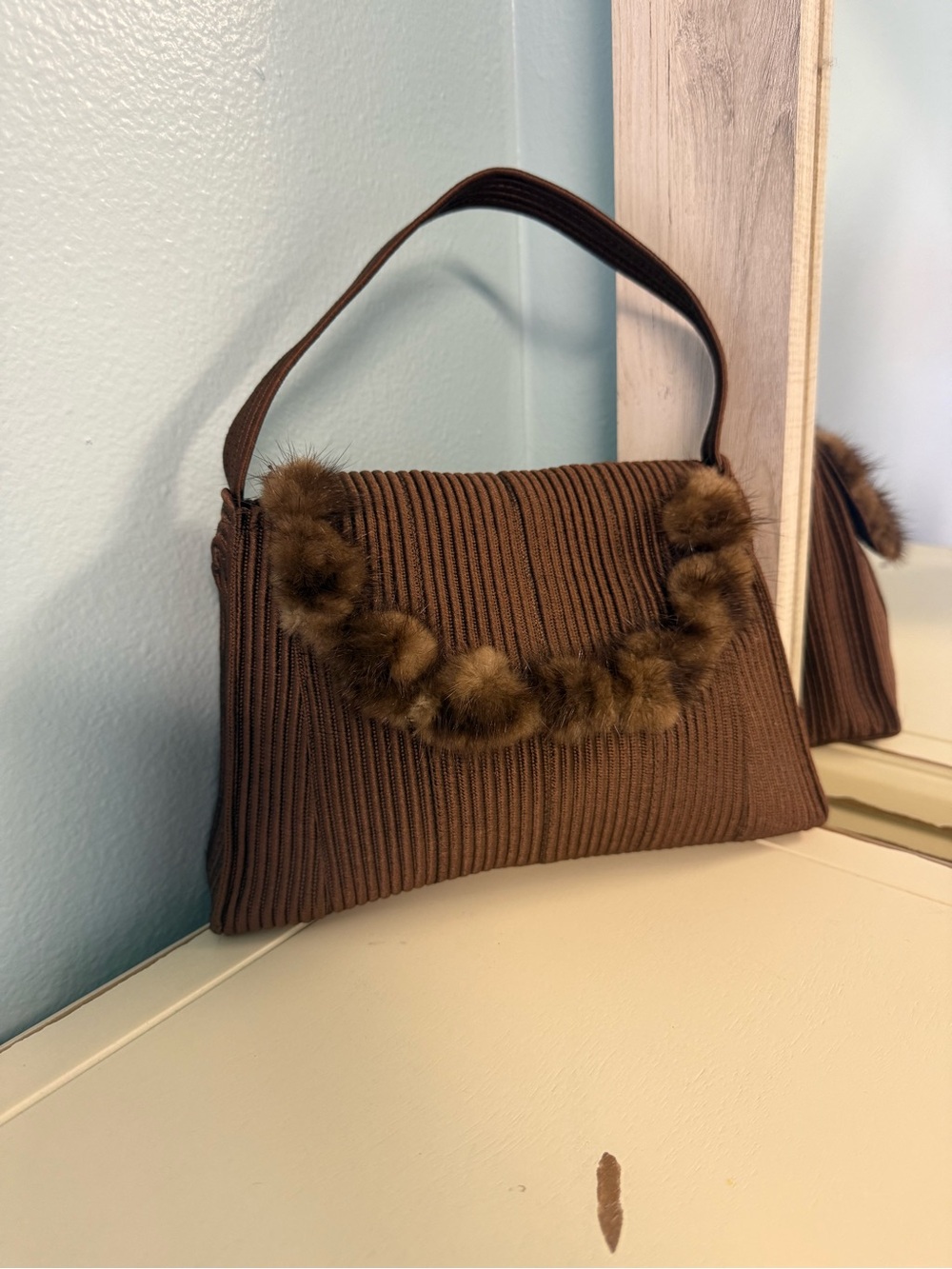Vintage Collezione New York Brown Corded Fur Trim Handbag Made in USA